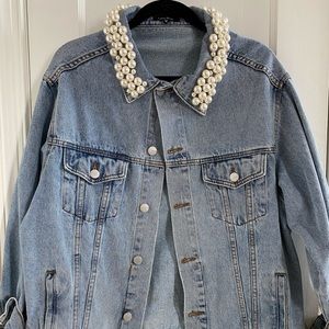 LEA AND VIOLA Pearl Collar Jean Jacket (Size M)